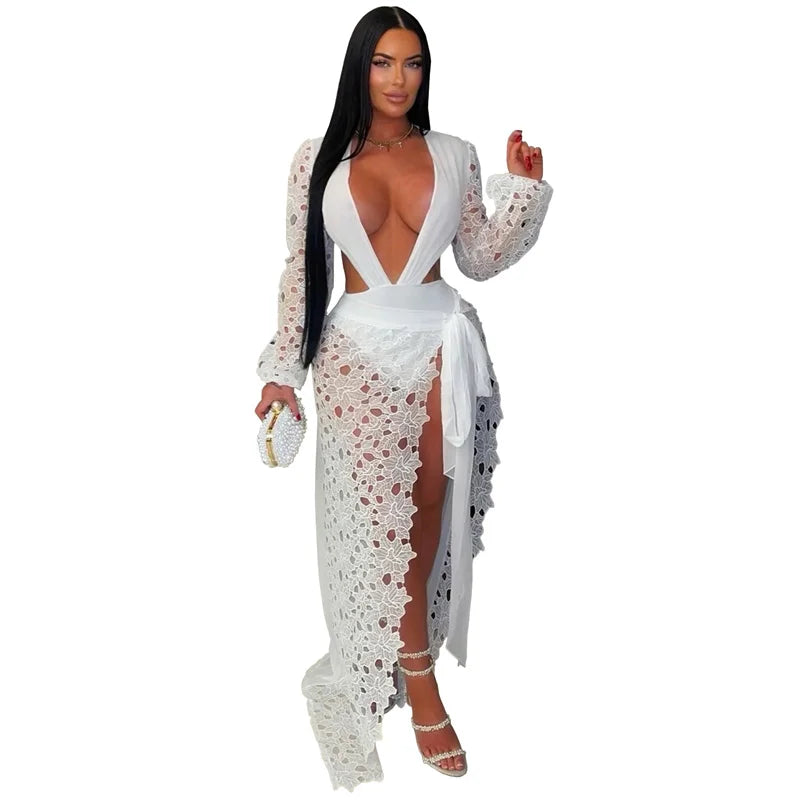 Women's Sexy Hollow Out Bodysuit and Long Skirt Two Piece Set