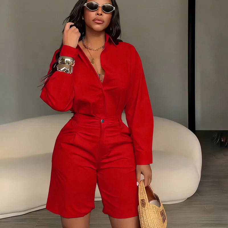 Women's Casual Long Sleeve Shirt and Shorts Two Piece Matching Set