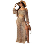 Women's Off Shoulder Tassel Hollow Out Maxi Skirt Set