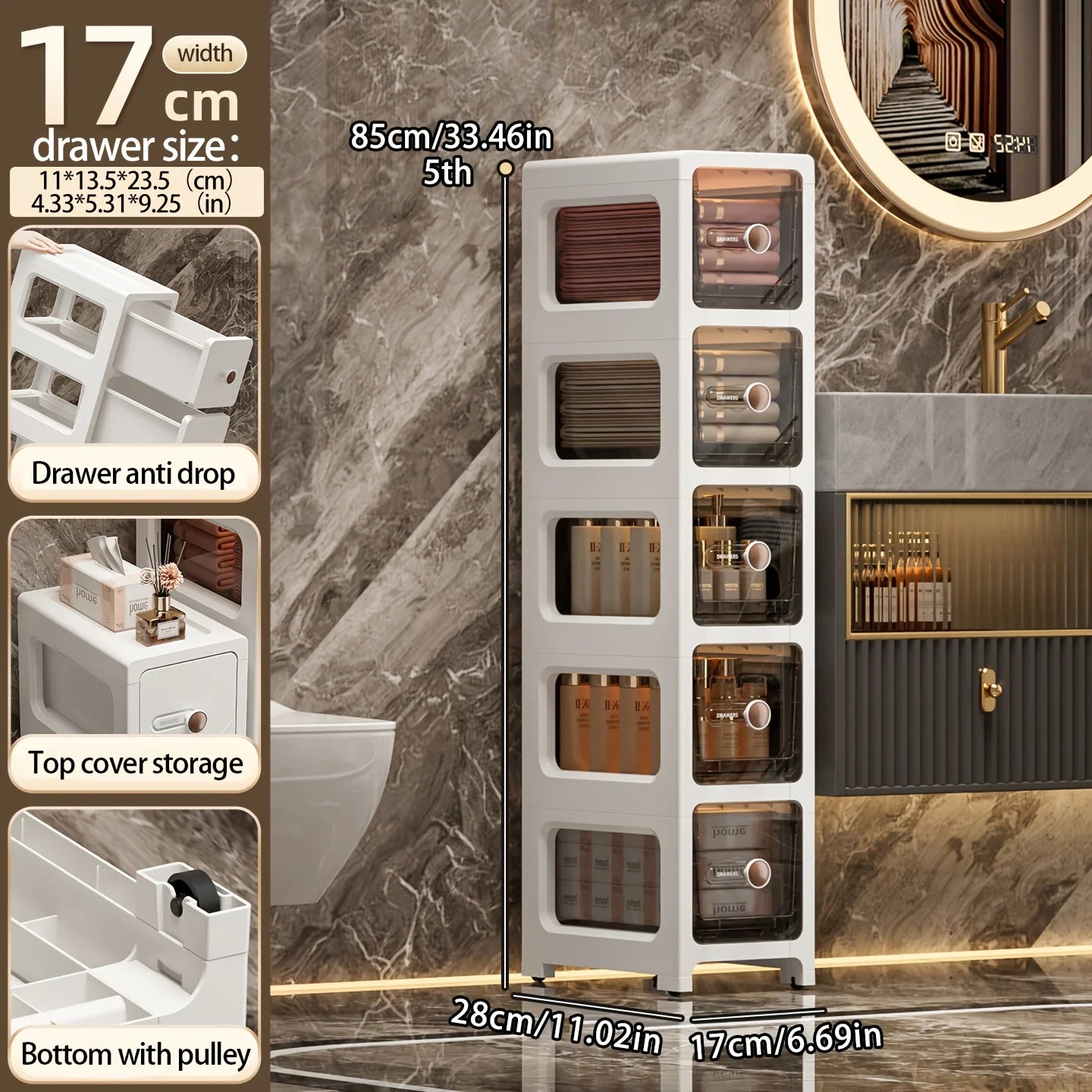 Narrow Space Storage Cabinet with Drawers for Kitchen and Bathroom