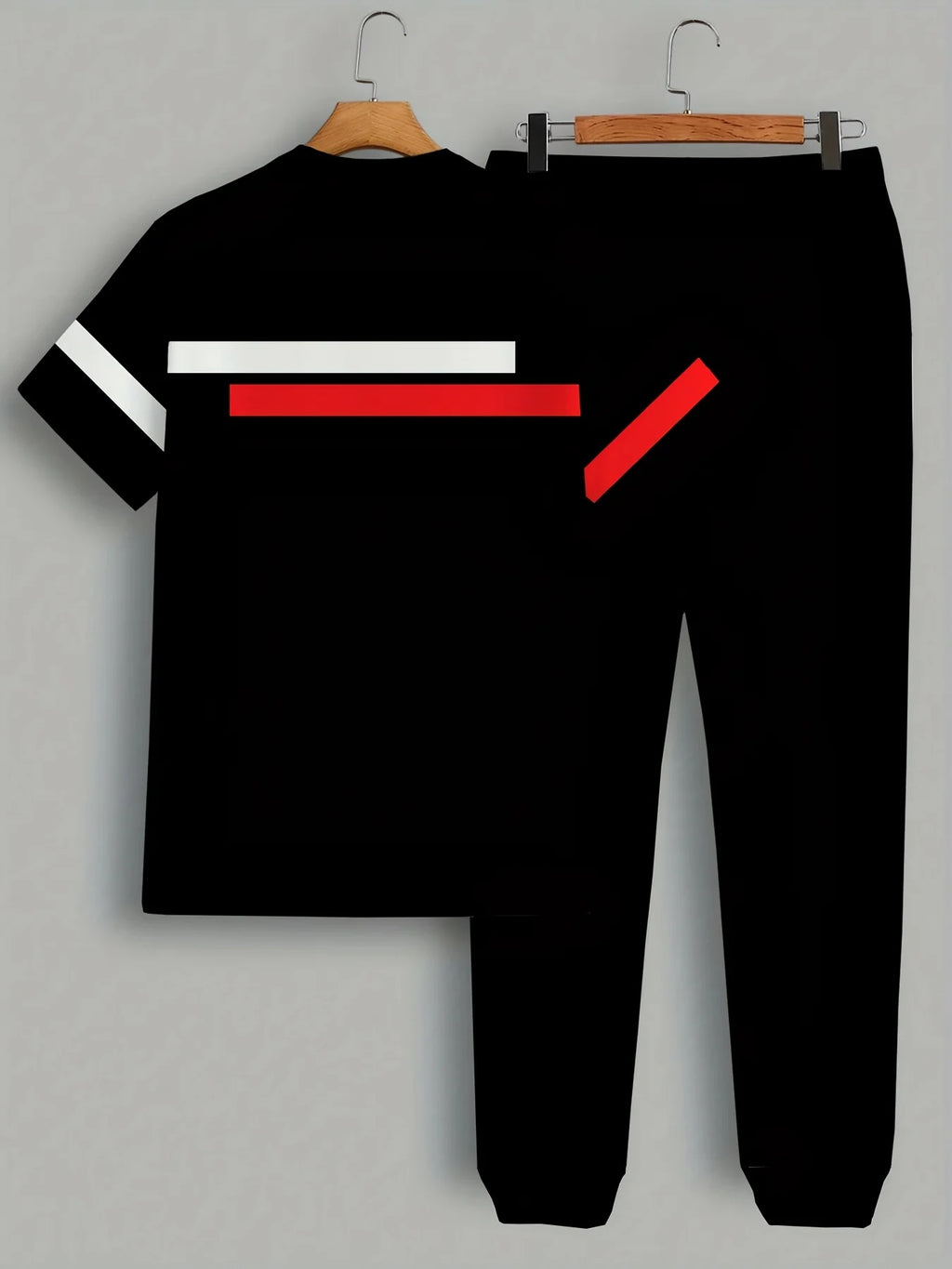 Men's Striped Print Round Neck T-Shirt and Pants Set