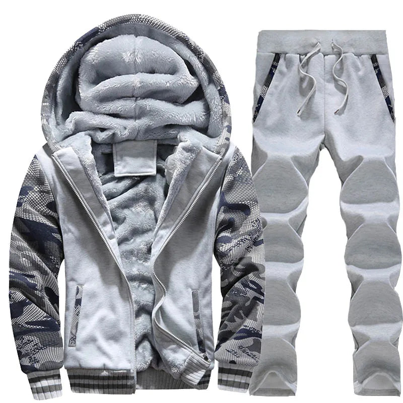 Men's Casual Fleece Zip Hooded Jacket and Pants Set
