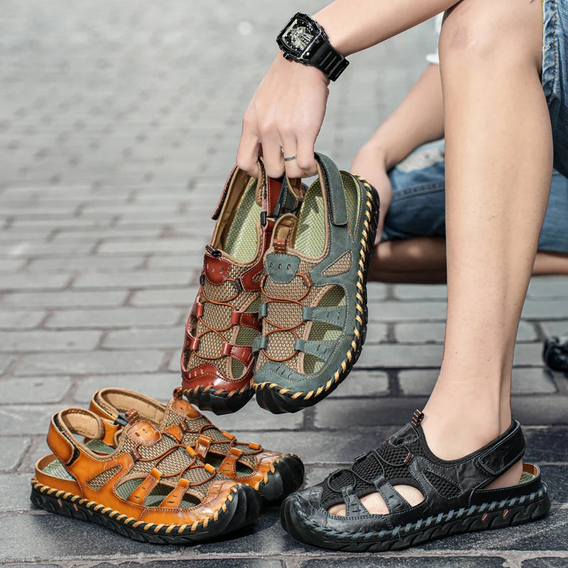 Men's Breathable Mesh Leather Sandals Closed Toe Outdoor Beach Shoes