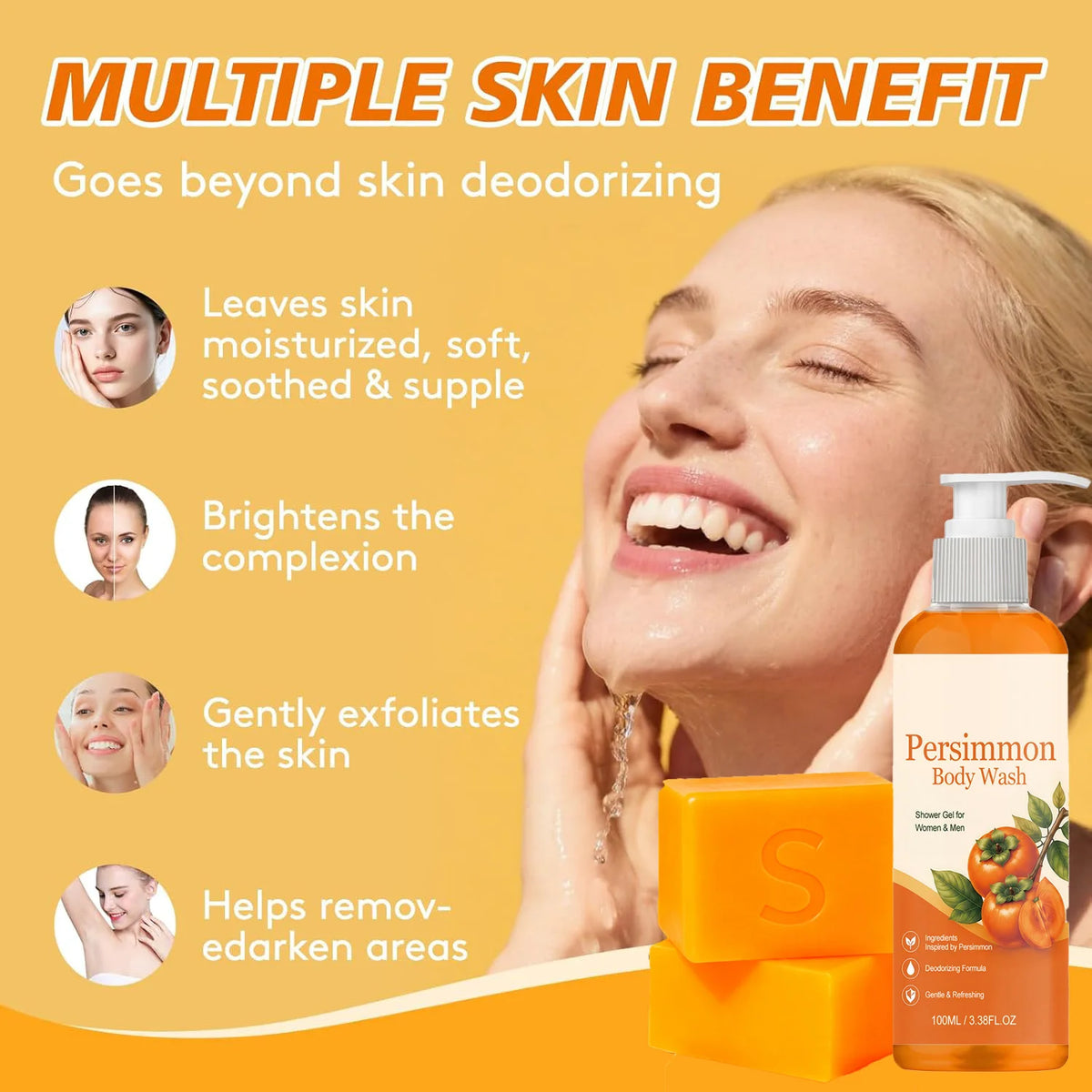 Unisex Persimmon Deodorizing Cleansing Soap Bar and Body Wash
