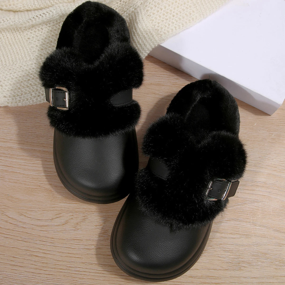 Women's Waterproof EVA Furry Clogs Metal Buckle Thick Sole