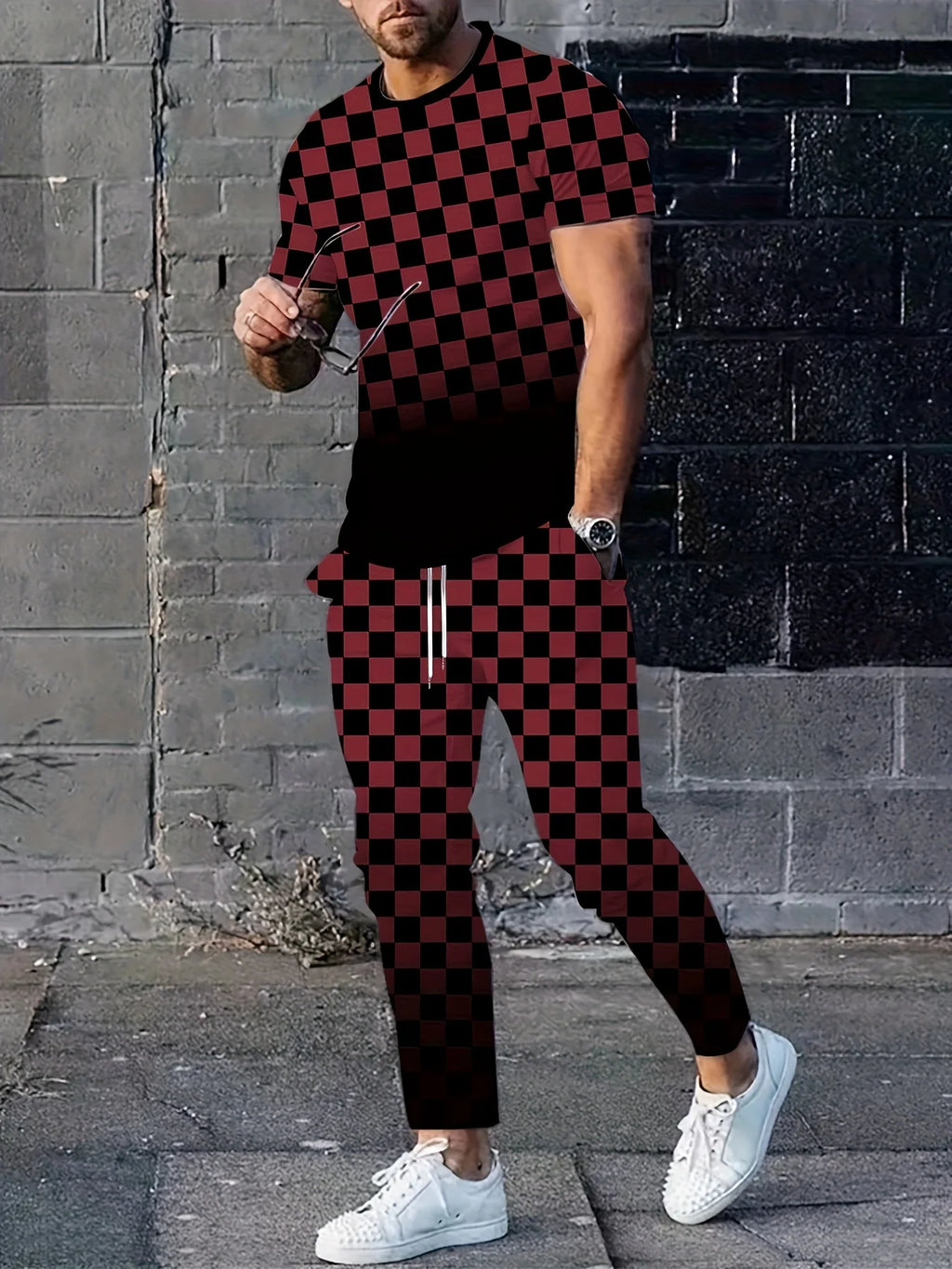 Men's Casual Check Print Short Sleeve T-Shirt and Pants Set