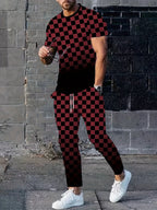 Men's Casual Check Print Short Sleeve T-Shirt and Pants Set