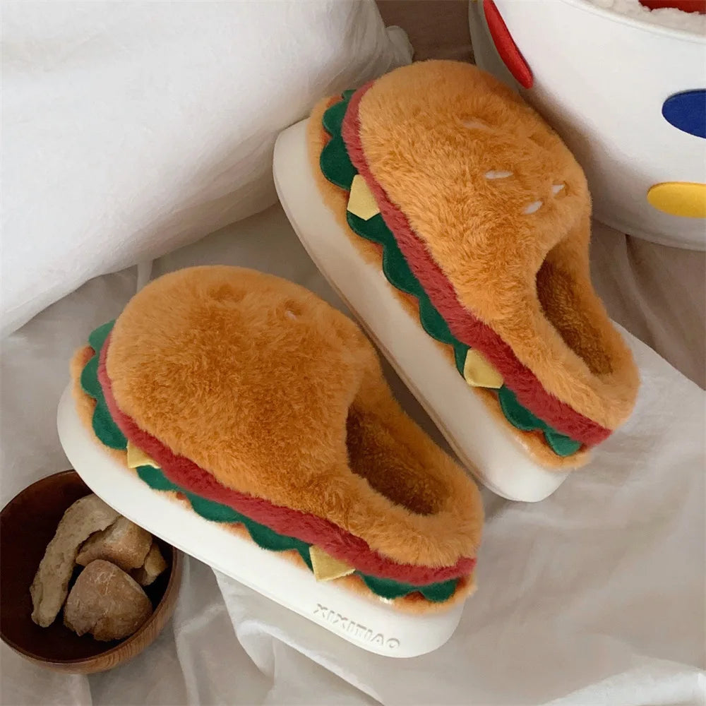 Women's Winter Warm Slippers Cute Cartoon Hamburger Home Floor Platform Shoes Thick Sole Soft Plush Indoor Fluffy Slippers