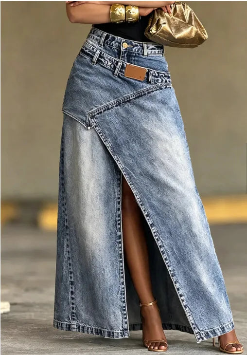 Women's Washed Denim Maxi Skirt High Waist Asymmetric Front Slit
