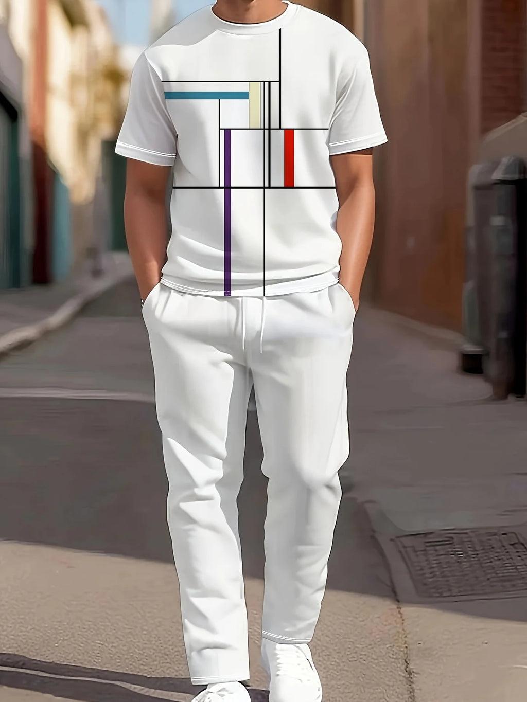 Men's Casual Print Round Neck T-Shirt and Drawstring Pants Set