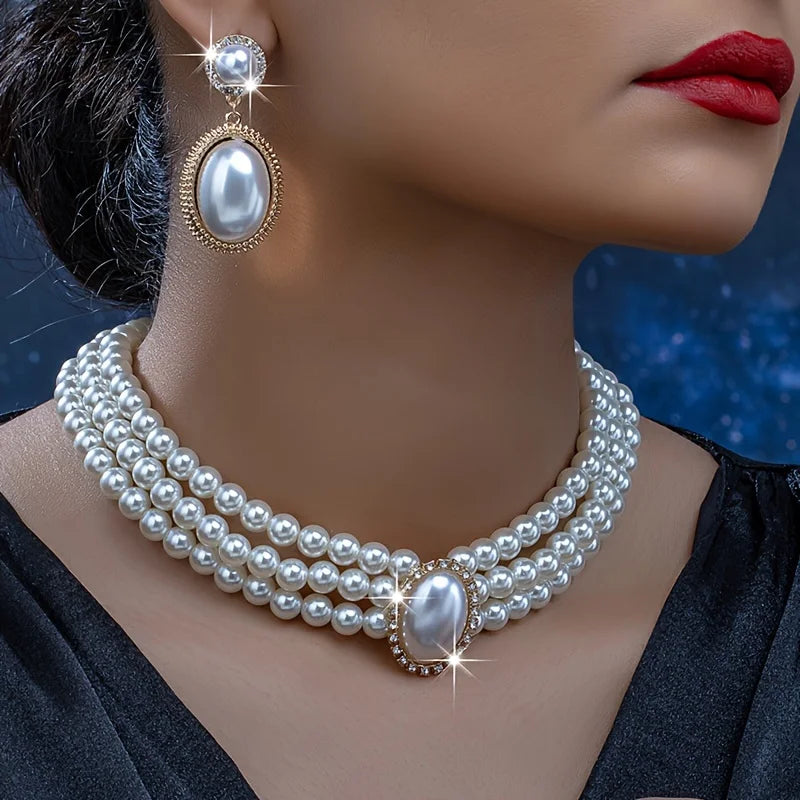 Women's Fashion Elegant Imitation Pearl Necklace and Drop Earrings Jewelry Set
