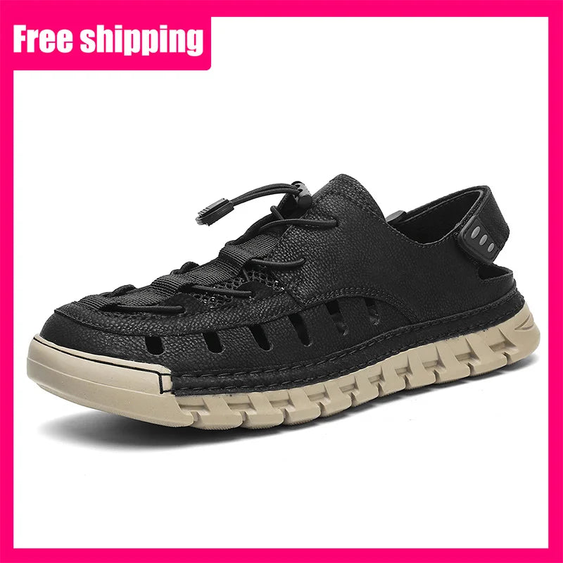 Men's Leather Breathable Outdoor Sandals Lightweight Elastic Strap Summer Beach
