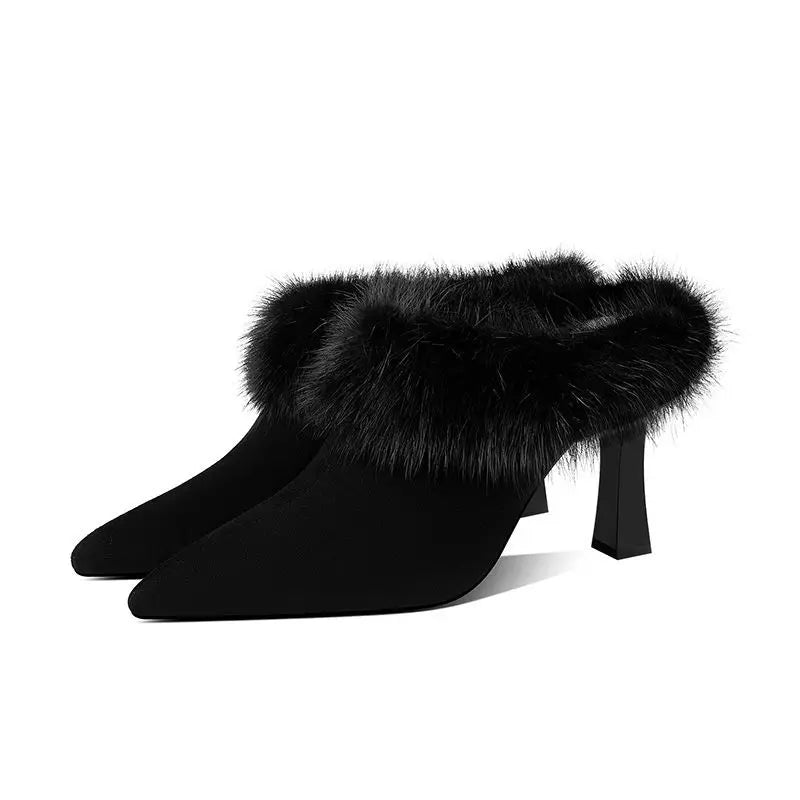 Women's Pointed Toe Plush Block Heel Slippers