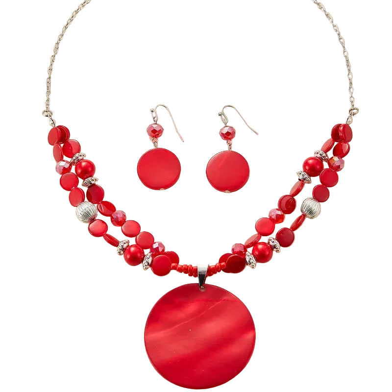 Women's Fashion Bohemian Ethnic Round Pendant Necklace and Earrings Set