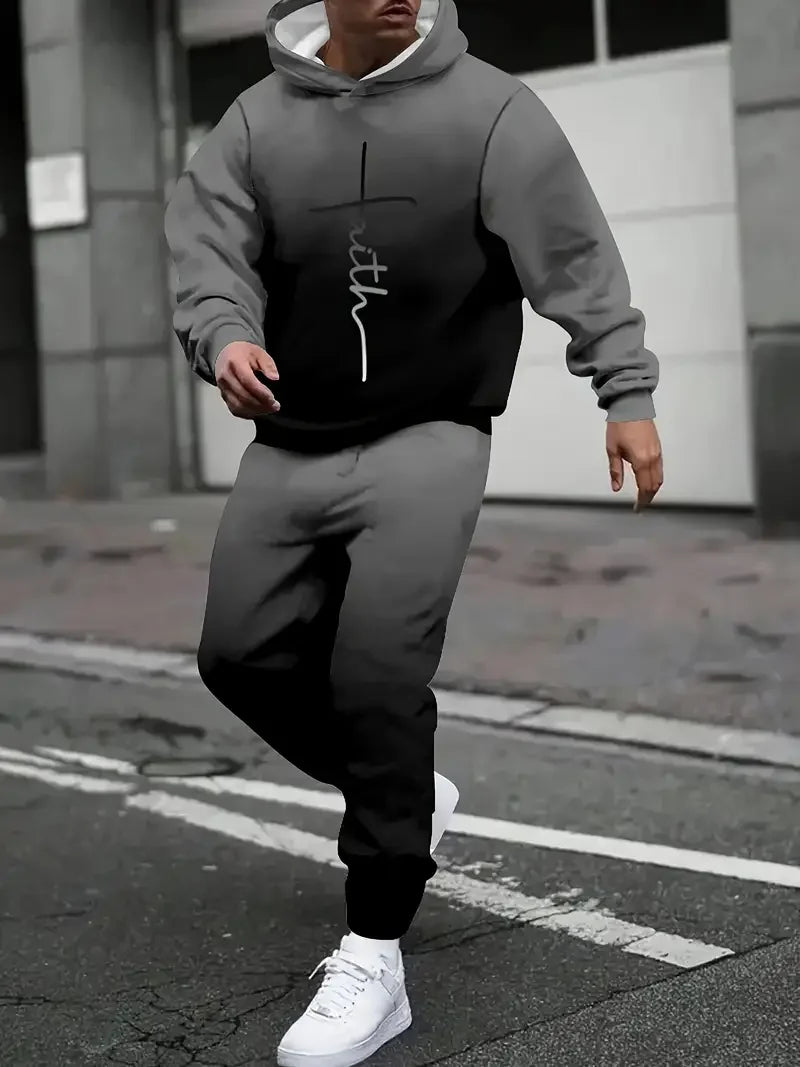 Men's Autumn Gradient 3D Print Hoodie and Sweatpants Tracksuit Set