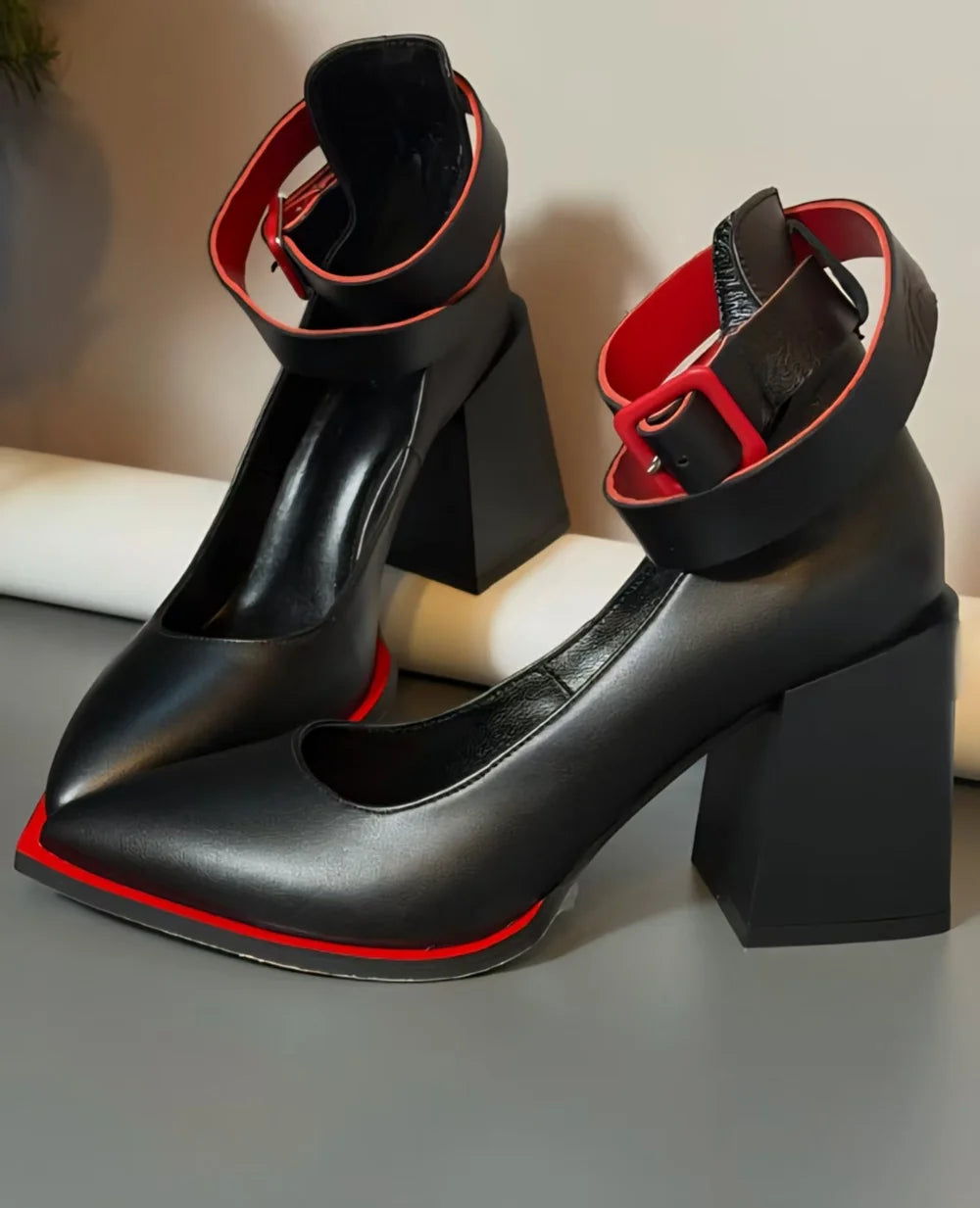 Women's Pointed Toe Chunky Heel Ankle Strap Pumps