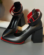 Women's Pointed Toe Chunky Heel Ankle Strap Pumps