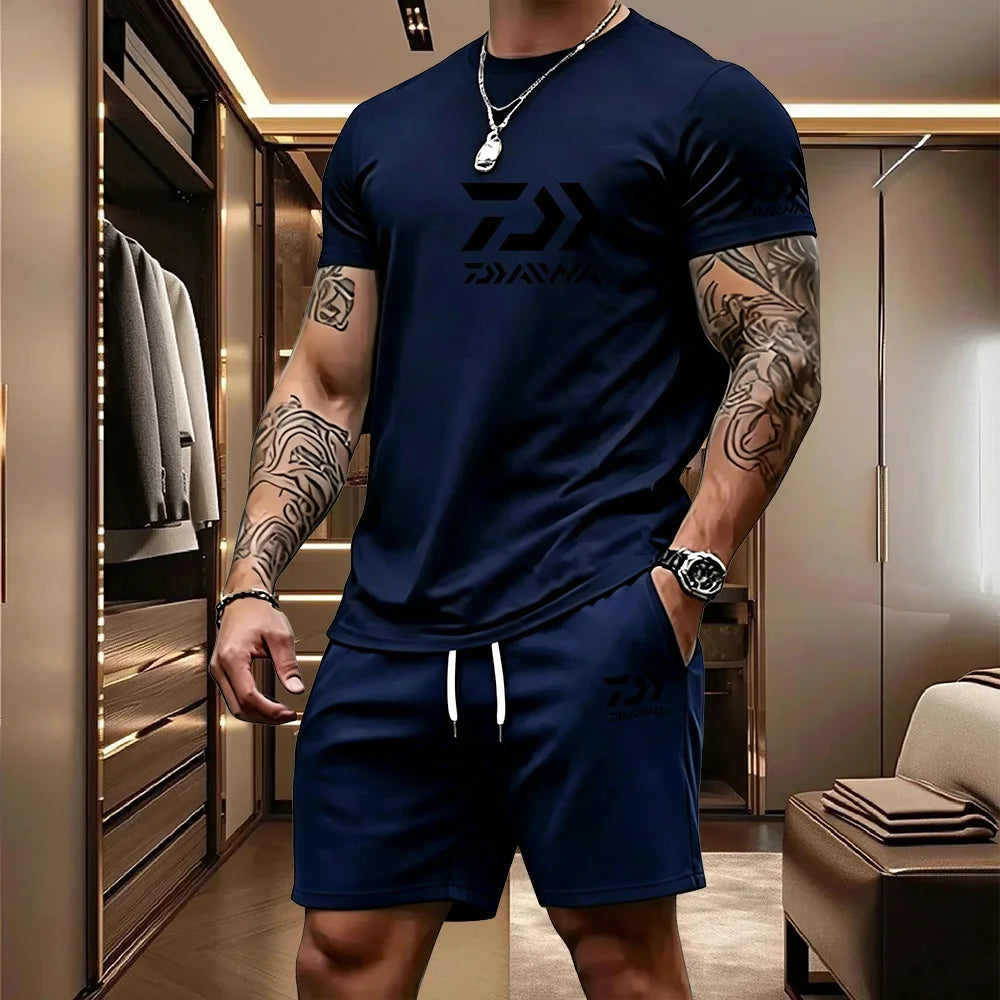 Men's Casual Round Neck T-Shirt and Drawstring Shorts Set