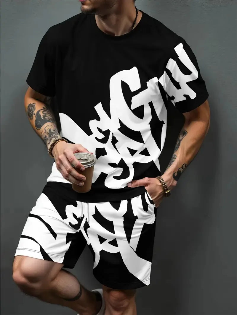 Men's Casual Summer T-Shirt and Shorts Suit Set with 3D Letter Print