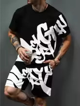 Men's Casual Summer T-Shirt and Shorts Suit Set with 3D Letter Print