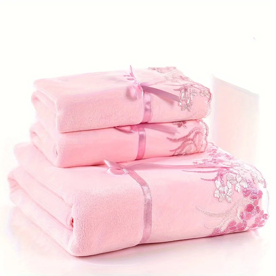 Luxury Lace Microfiber Bath Towel and Soft Absorbent Hand Towel Set