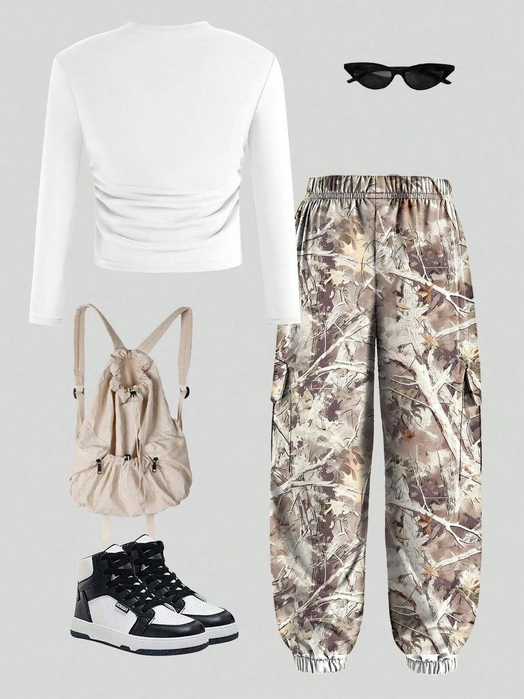 Girls' Letter Print T-Shirt Camo Cargo Pants Two-Piece Set XSCM516