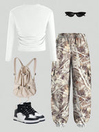 Girls' Letter Print T-Shirt Camo Cargo Pants Two-Piece Set XSCM516