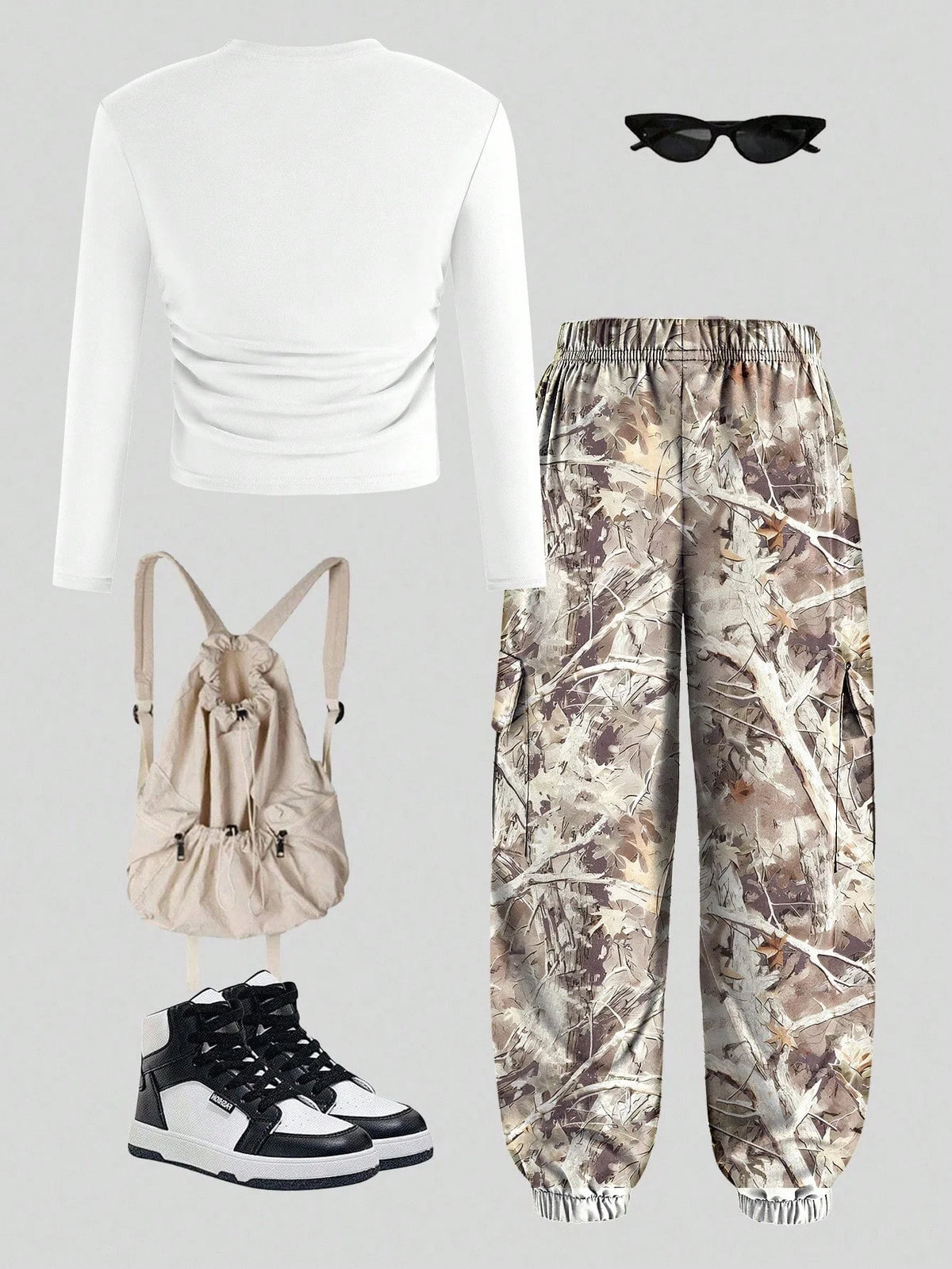 Girls' Letter Print T-Shirt Camo Cargo Pants Two-Piece Set XSCM516