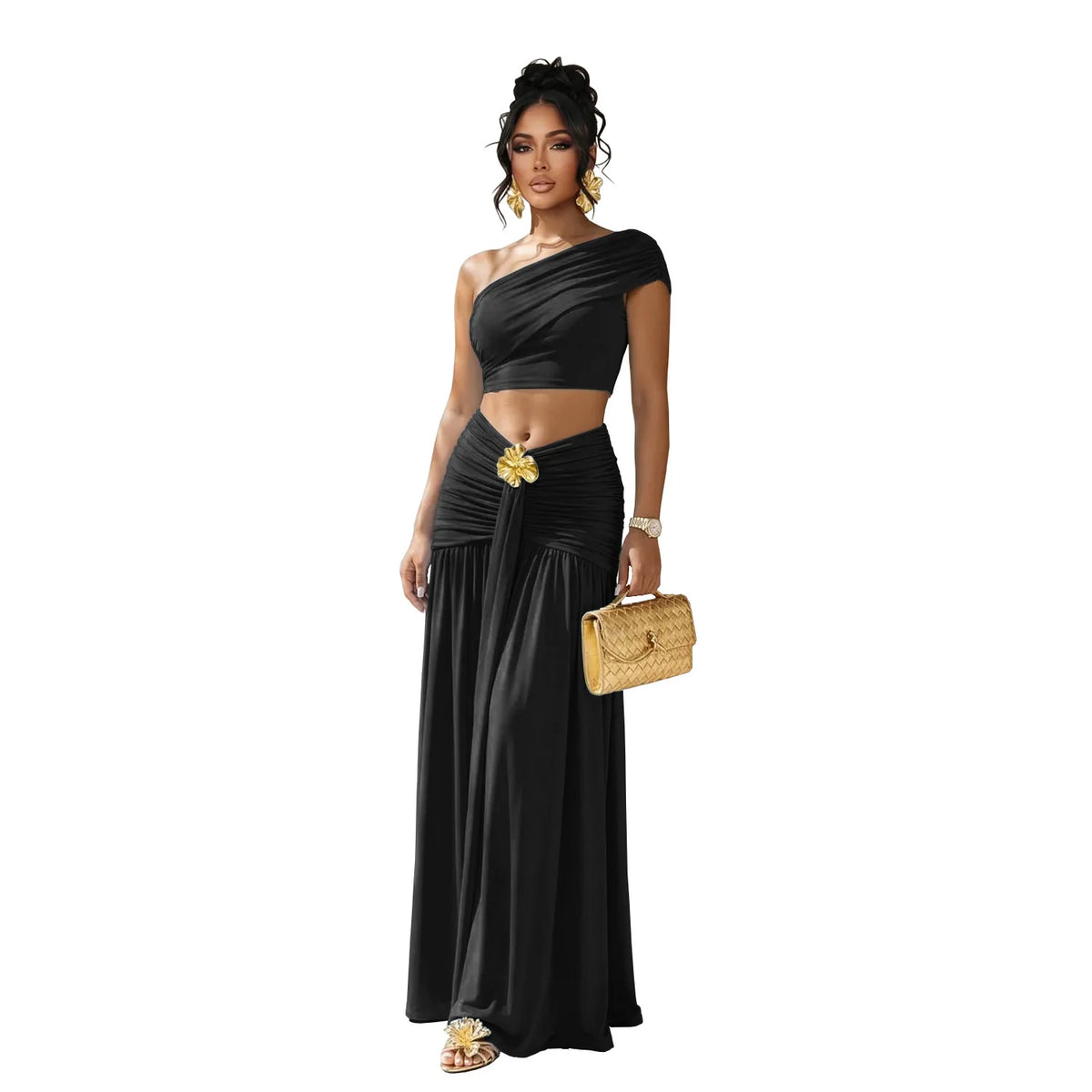 Women's Casual One Shoulder Crop Top and Long Skirt Two Piece Matching Set