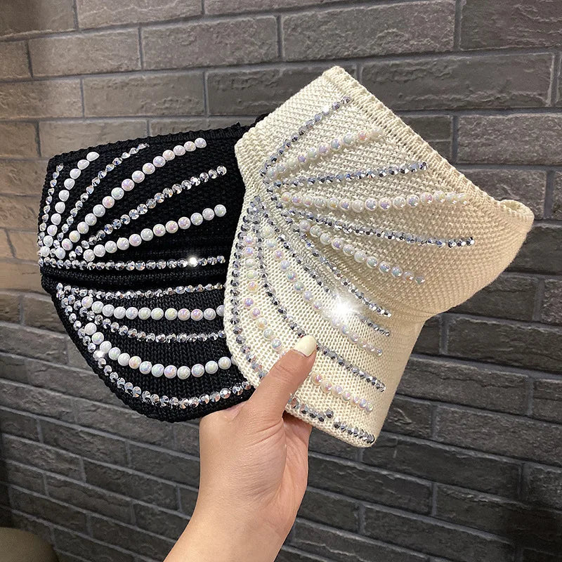 Women's Empty Top Visor Sun Hat with Rhinestones and Pearls