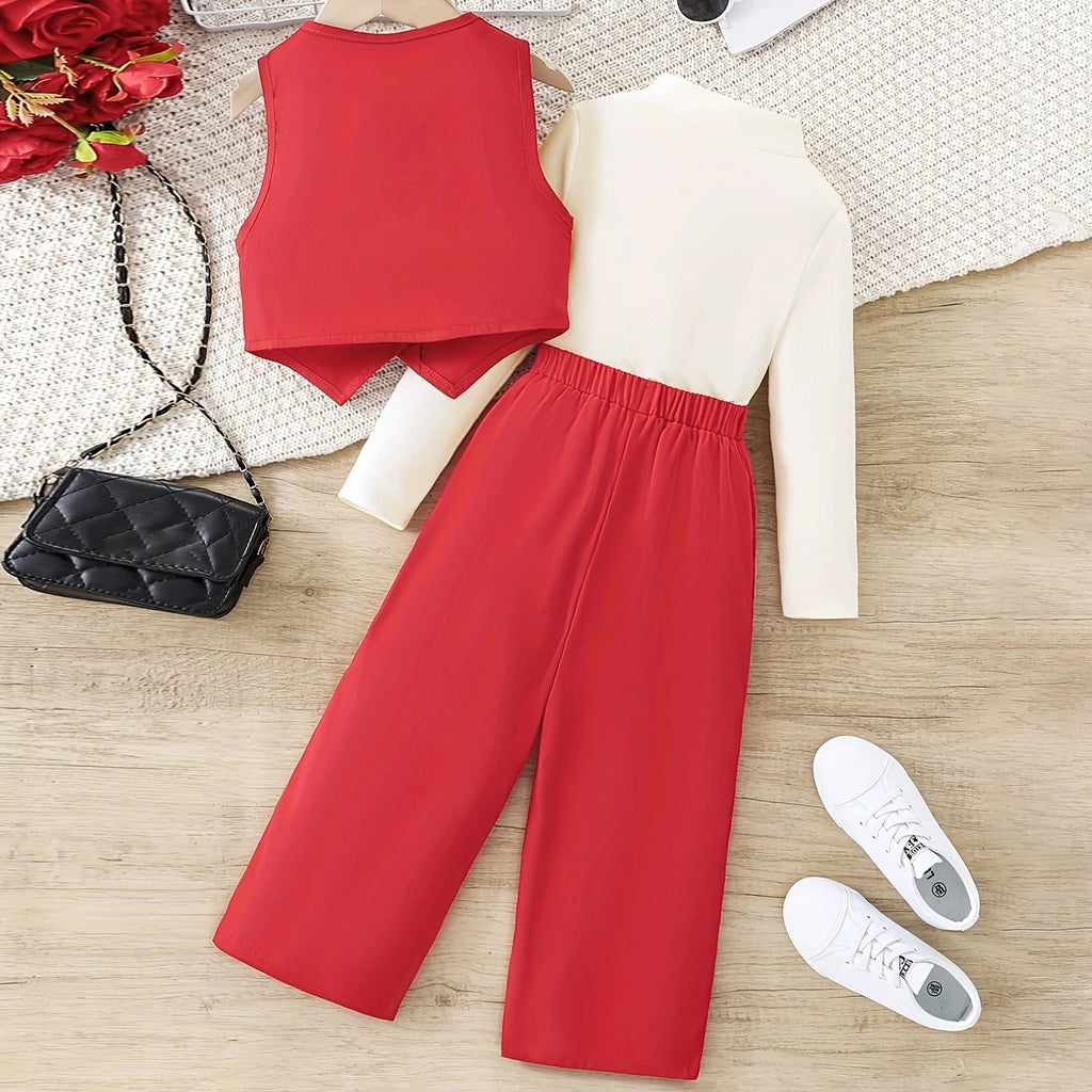 Girls' Solid Long Sleeve Tops Waistcoat Wide Leg Pants Three-Piece Set