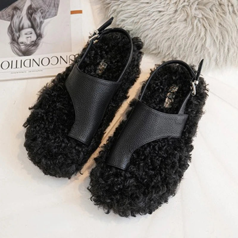 Women's Fluffy Clip Toe Back Strap Slippers with Buckle