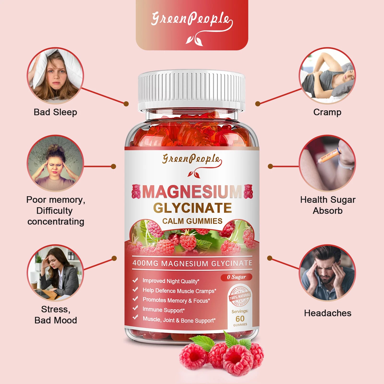 Magnesium Glycinate Gummies with Vitamin D, B6, CoQ10 Raspberry 60ct