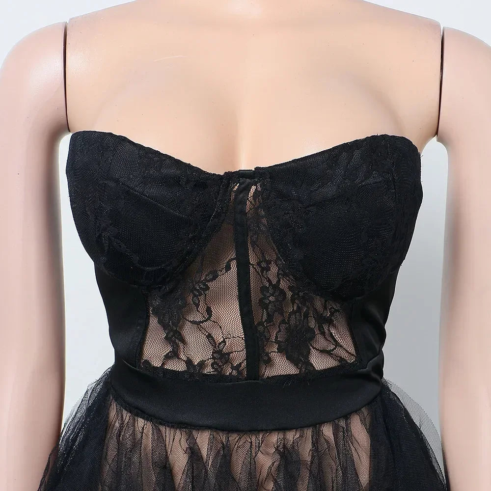 Women's Lace Patchwork Ruffle Split Bodycon Maxi Dress