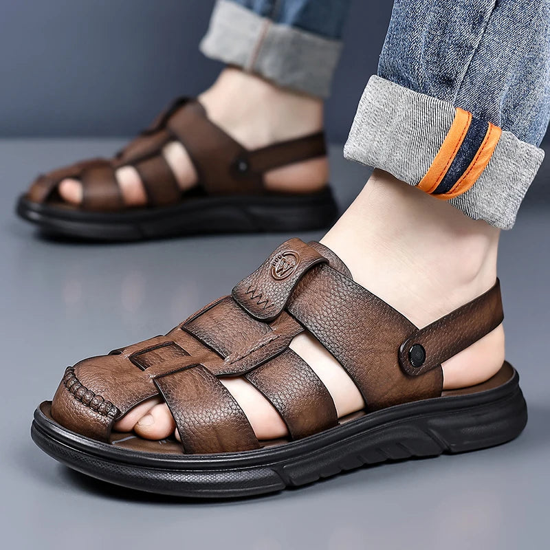 Men's Handmade Leather Sandals Breathable Outdoor Walking Beach Slippers
