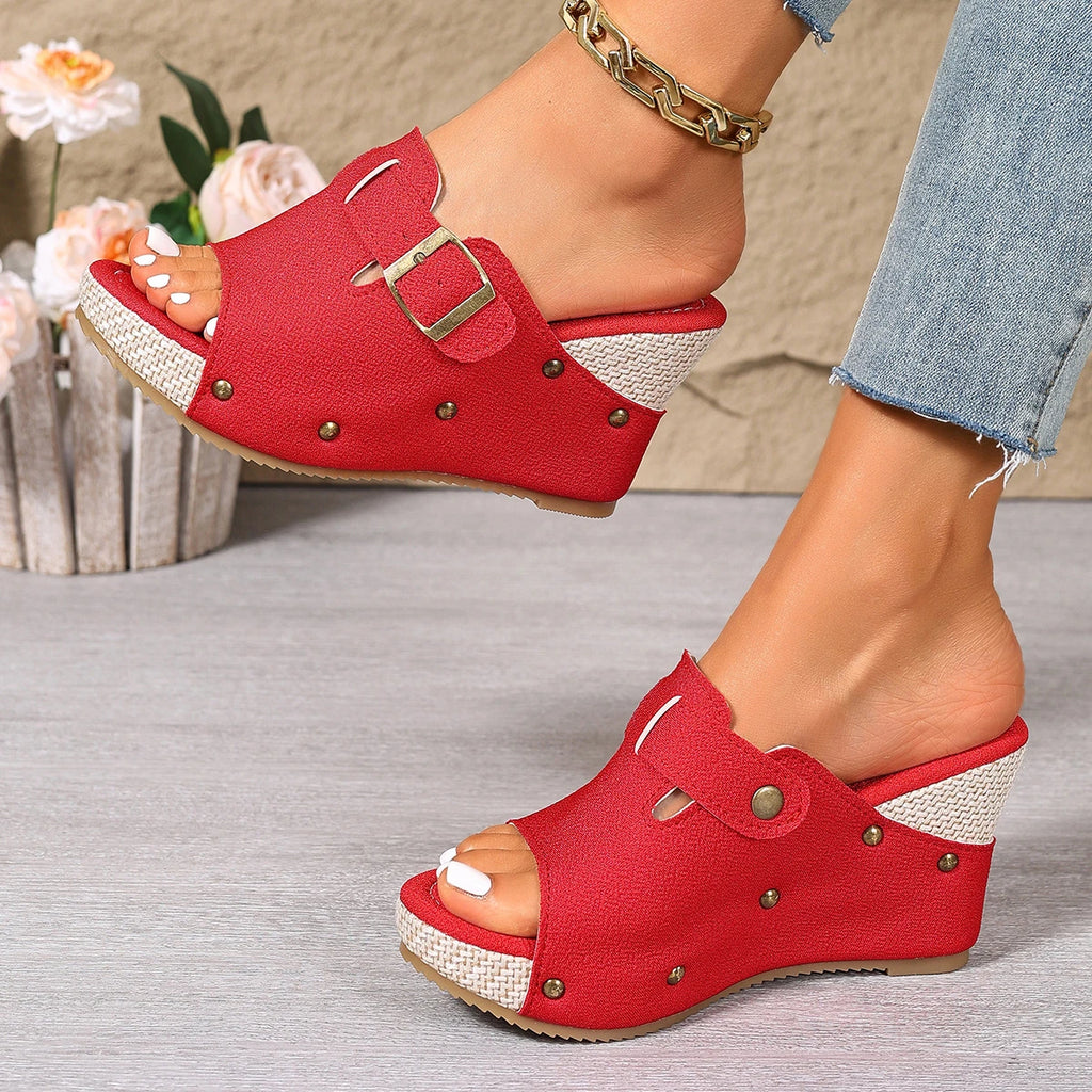 Women's Espadrille Wedge Mules Open Toe Platform Sandals Rivet Decor