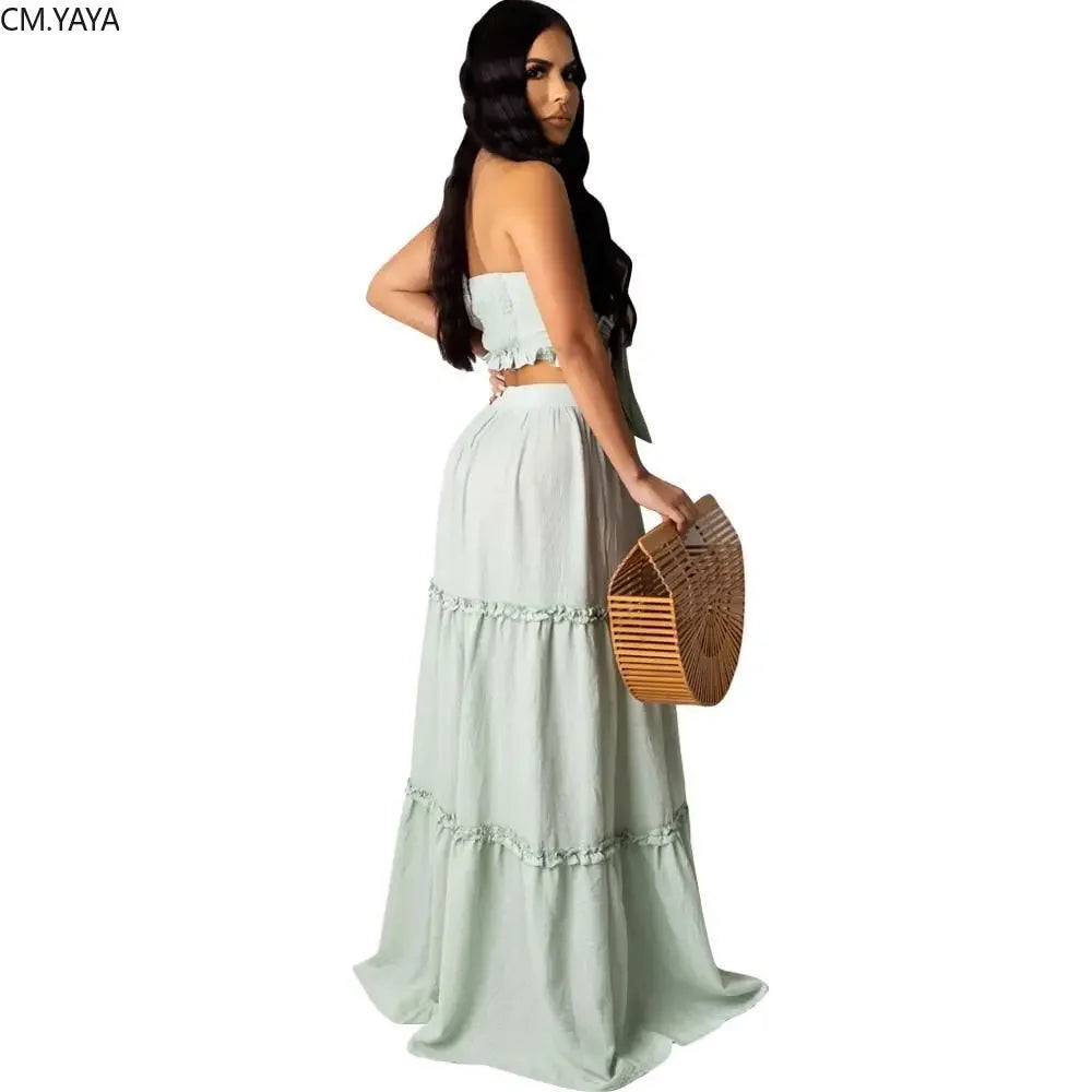 Women Strapless Crop Top and Ruffled Maxi Skirt Two-Piece Bohemian Set