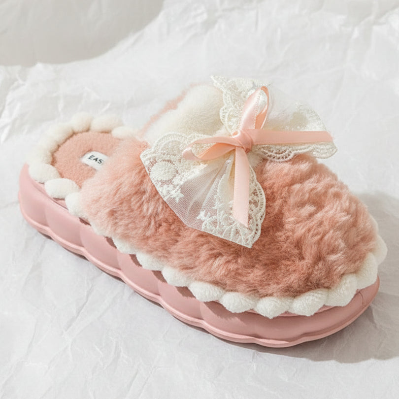 Women's Faux Fur Bowknot House Slippers Plush Warm Indoor Shoes