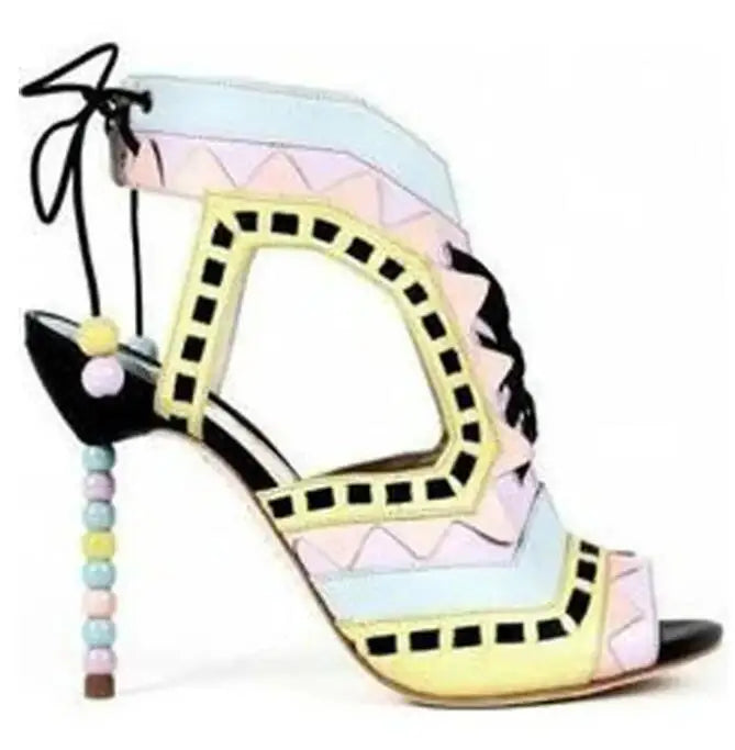 Women's Triangle Patchwork Beaded Lace-Up Sandal Boots