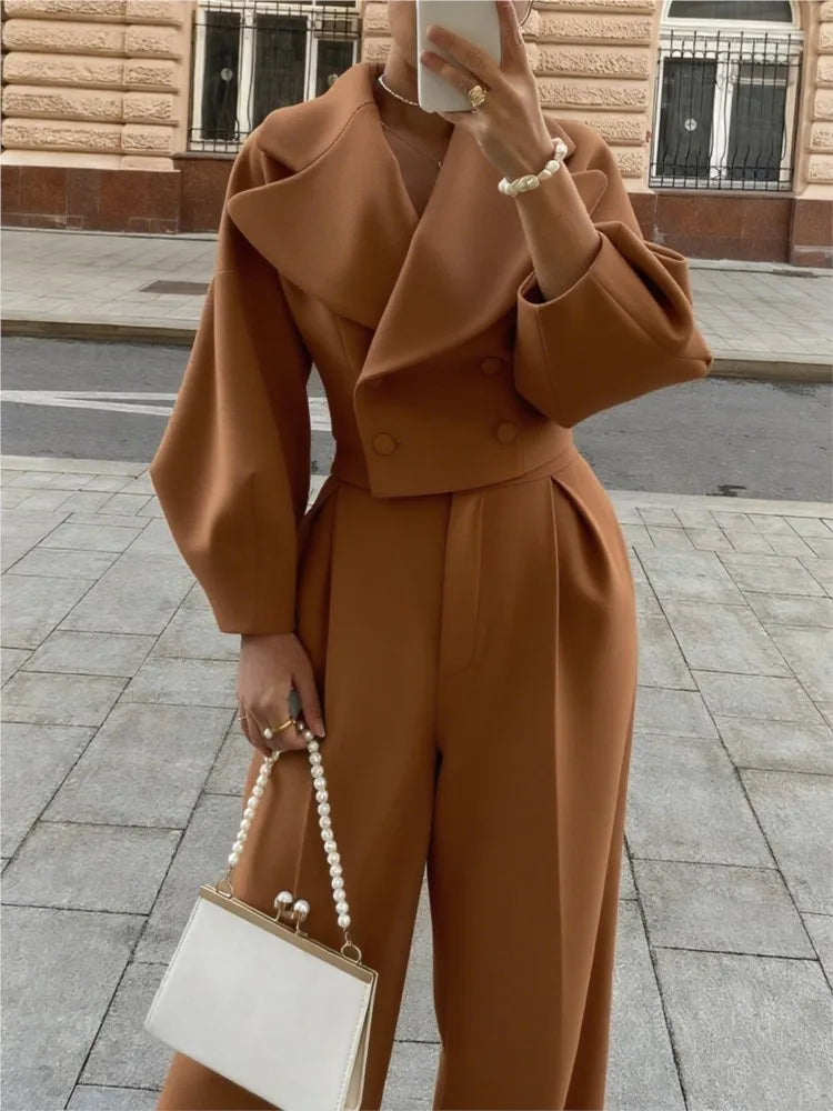 Women's Solid Lapel Woolen Top Wide Leg Pants Set