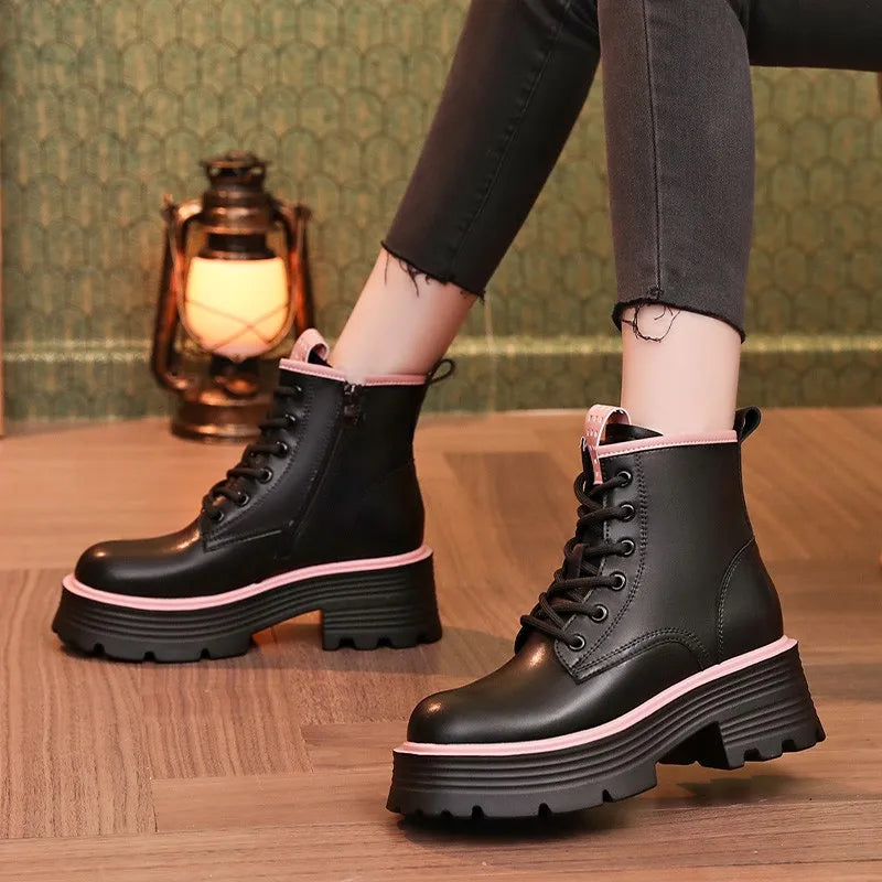 Women's Lace-Up Round Toe Square Heel Ankle Boots