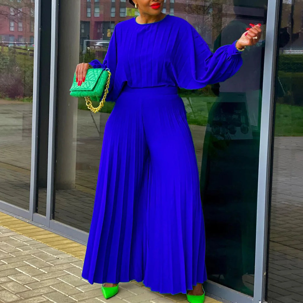 Women's Pleated Batwing Sleeve Wide Leg Pants Set