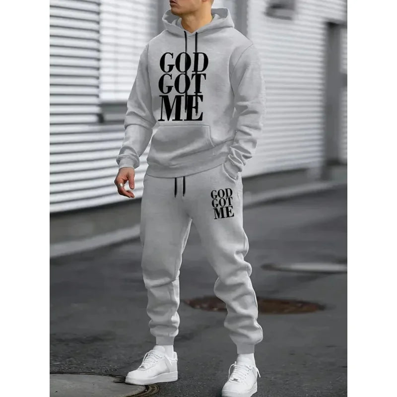 Men's Autumn Letter 3D Print Hoodie and Sweatpants Tracksuit Set