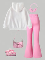 Girls' Bow Hooded Sweatshirt Bell Bottom Pants Two-Piece Set