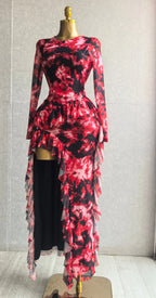 Women's Tie Dye Ruffle O-Neck Bodycon Maxi Dress
