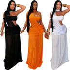 Women's Sexy Sheer Mesh Halter Ruched Floor-Length Maxi Dress