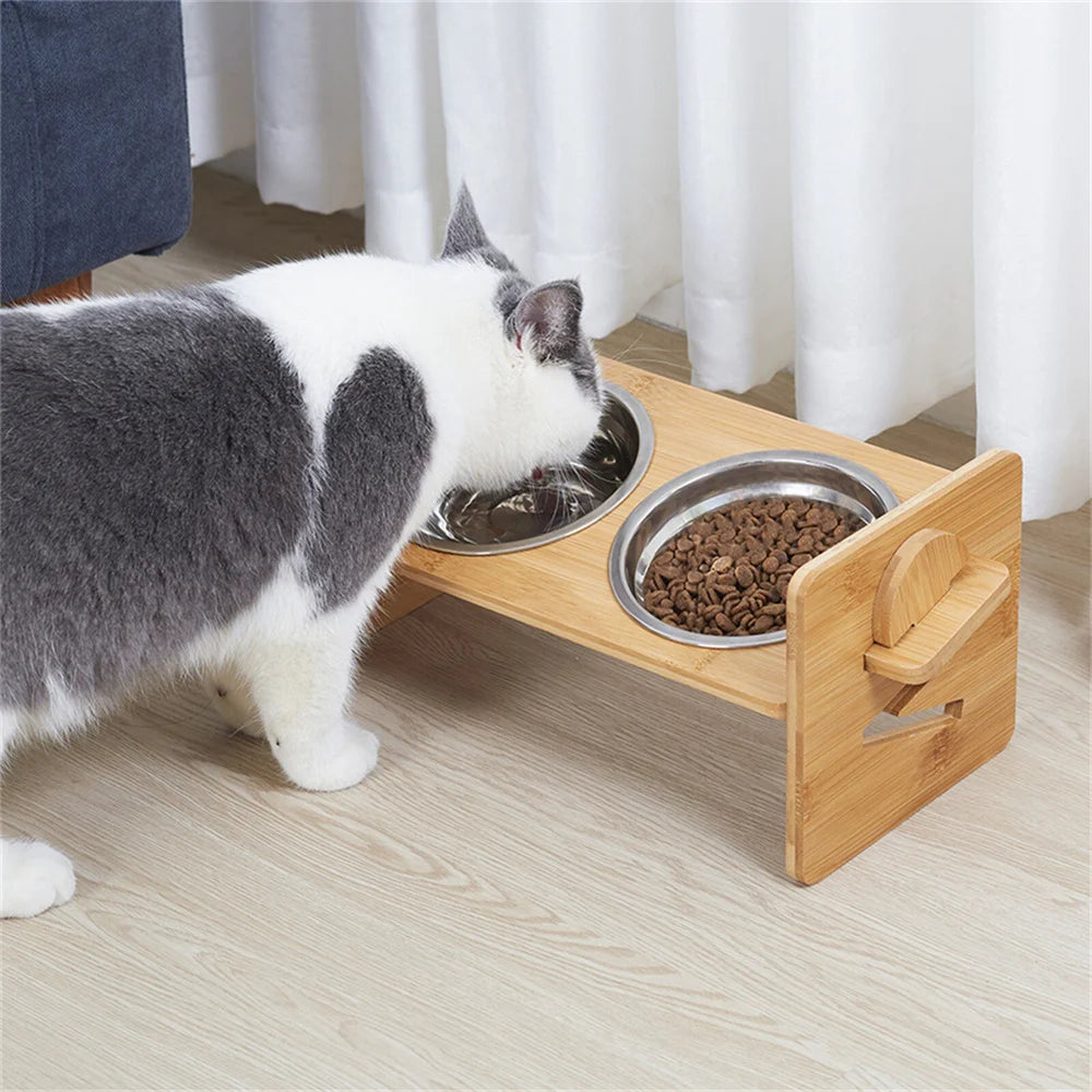 Adjustable Elevated Dog Bowls with 2 Stainless Steel Bowls and Bamboo Stand