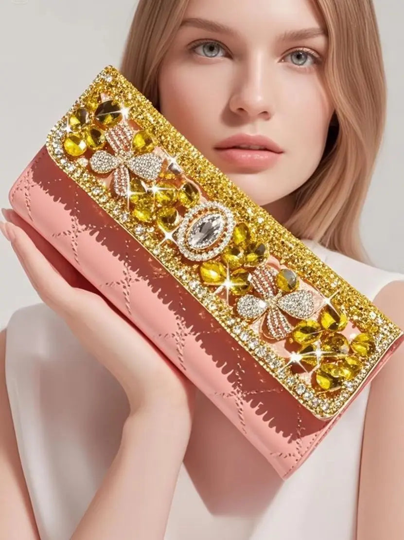 Sparkling Rhinestone Women's Evening Wallet Floral Pattern Pink