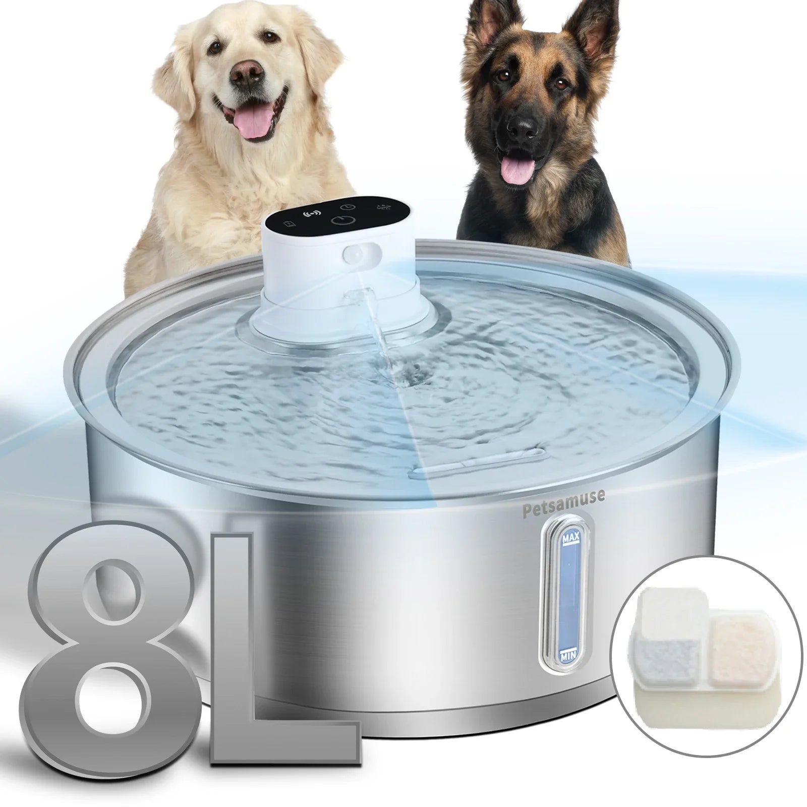 8L Automatic Stainless Steel Dog Water Fountain 5000mAh Wireless Pet Drinker Battery & Sensor 2-in-1 Dispenser