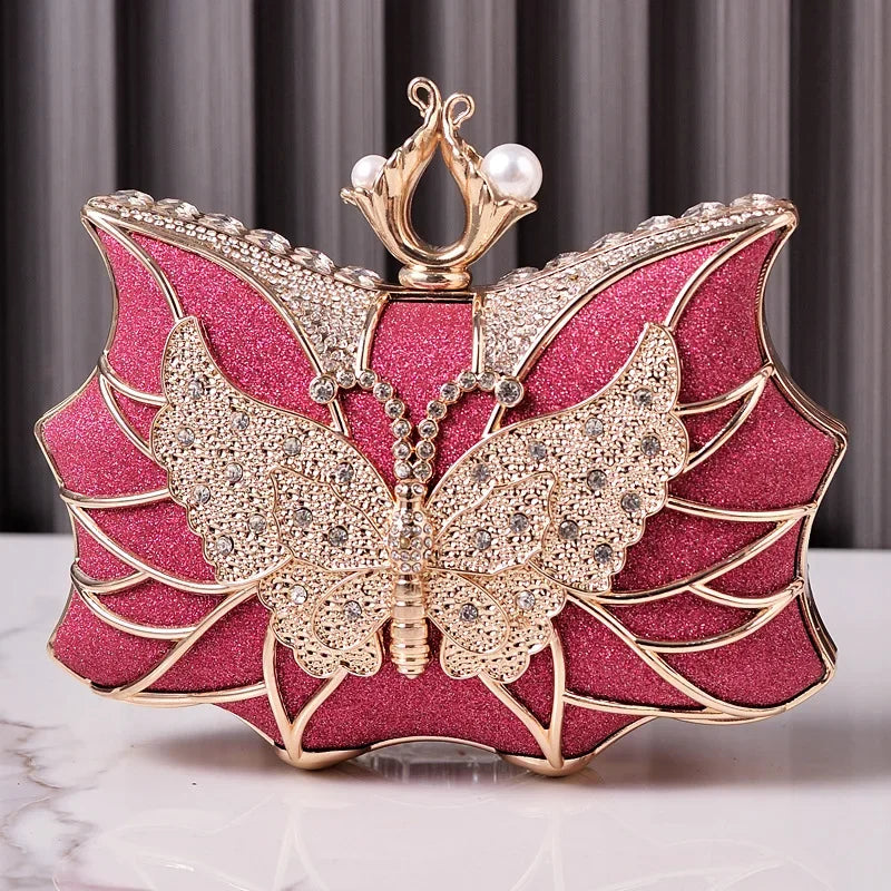 Hollow Butterfly Evening Clutch Bag with Sequins and Diamonds